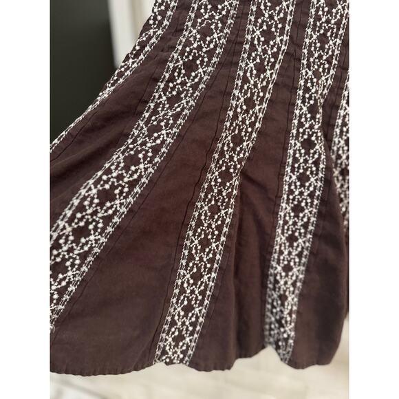 Style & Co Brown White Embroidered 100% Linen Twirl Skirt Boho Size 18W - Picture 5 of 6